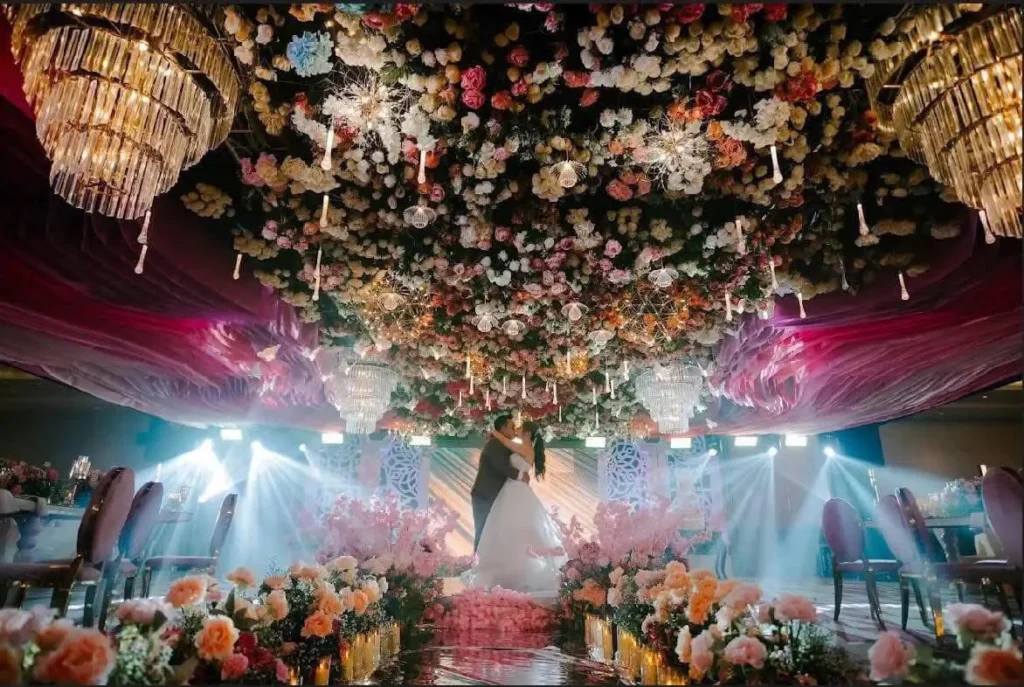 Bride and groom standing on an elegantly decorated wedding stage with floral and chandelier lighting.